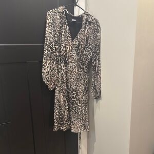 DKNY leopard print dress with flowy sleeves and belt tie